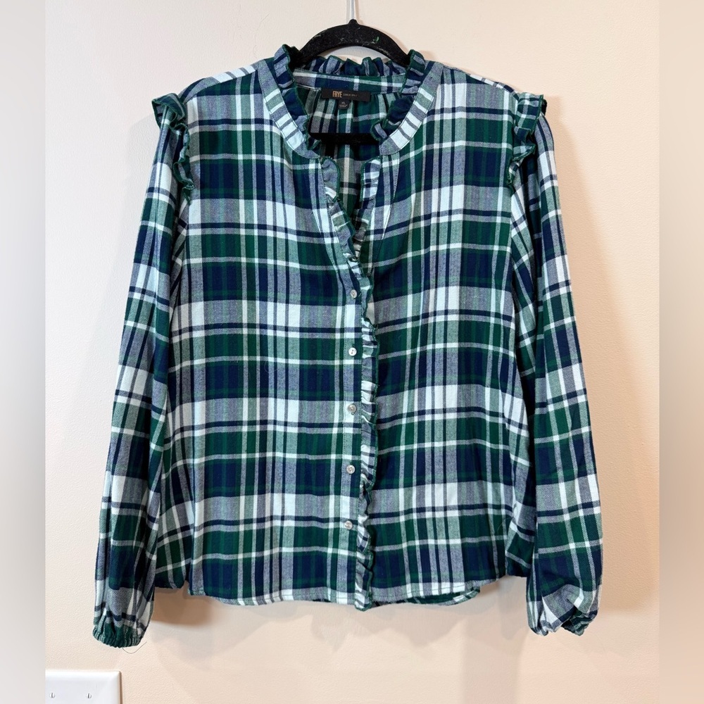 🔥NWOT Frye Plaid Ruffle-Trim Button Front Shirt Green Size XL🔥